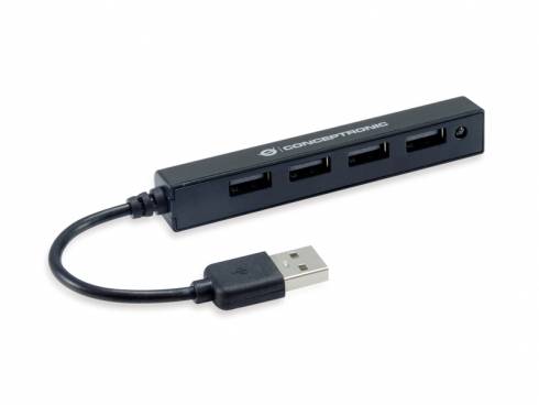 Ein schwarzer USB-Hub mit vier USB-Anschlüssen und einem kurzen Kabel mit USB-Stecker.