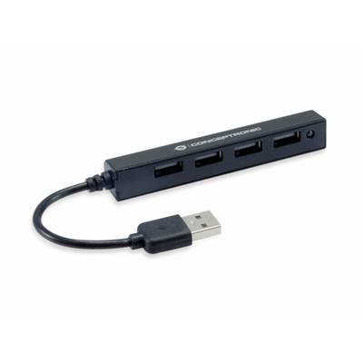 Ein schwarzer USB-Hub mit vier USB-Anschlüssen und einem kurzen Kabel mit USB-Stecker.