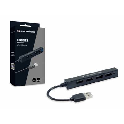 'Conceptronic Hobbies 4-Port USB 2.0 Hub' in Verpackung neben dem USB-Hub mit vier Anschlüssen und kurzem Kabel.