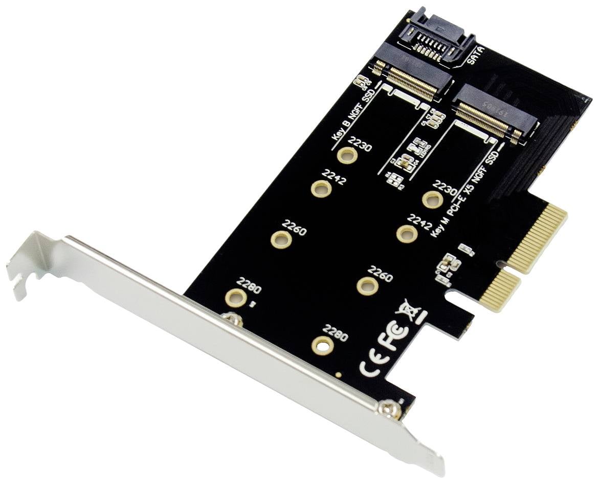 PCIe-Adapterkarte für M.2-SSDs mit SATA- und NVMe-Schnittstelle, verschiedene Montagepositionen für unterschiedliche Größen.