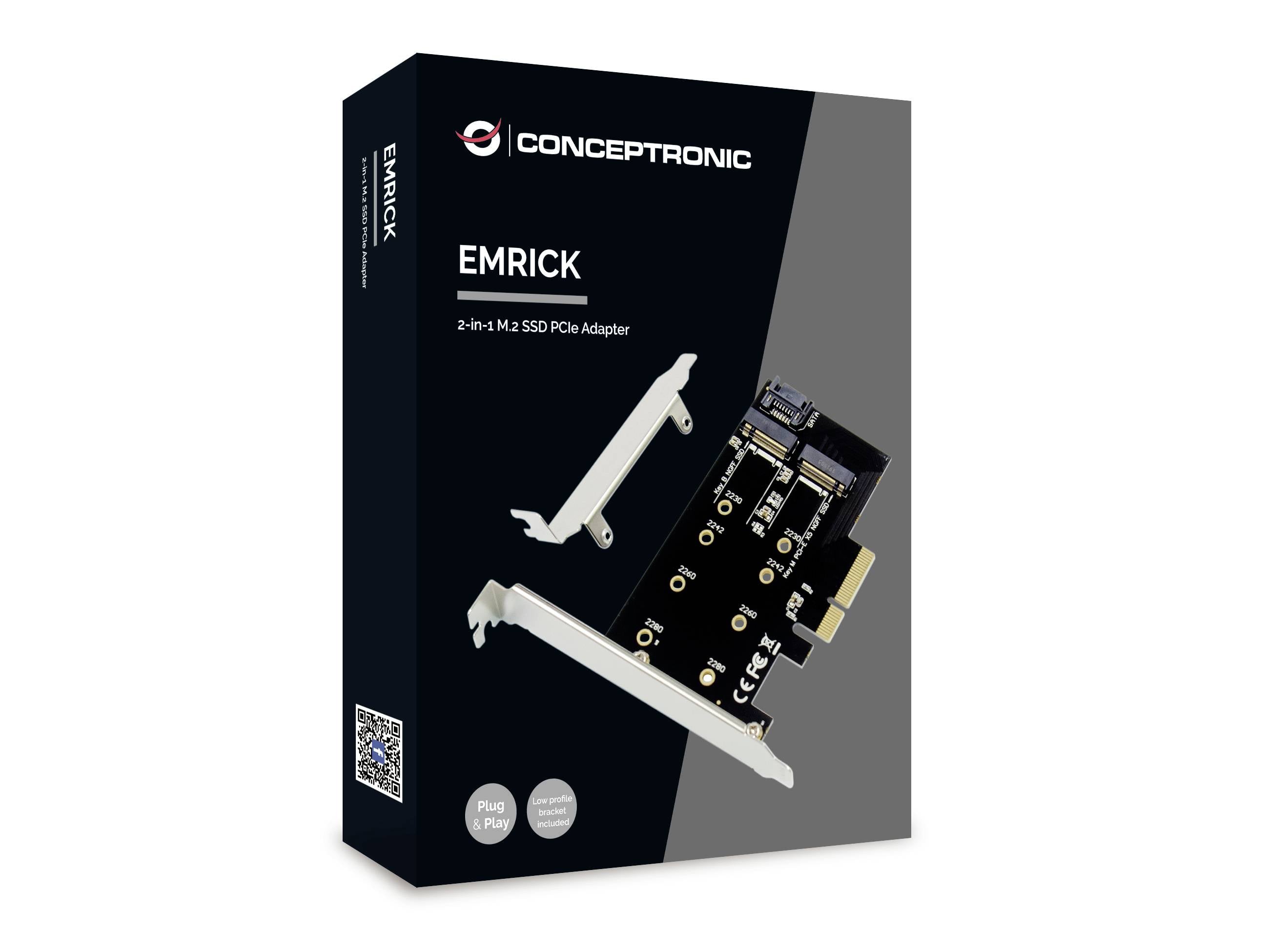 Verpackung eines 2-in-1 M.2 SSD PCIe Adapters der Marke Conceptronic namens EMRICK, abgebildet mit dem Adapter und zwei Halterungen.