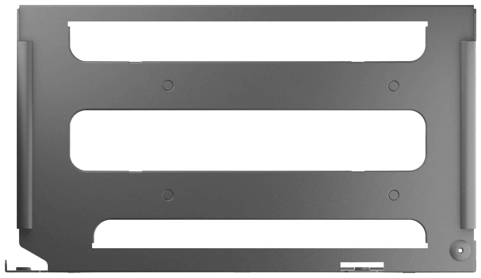 Ein rechteckiges, graues Metallteil mit drei großen, horizontalen Öffnungen, geeignet für die Montage oder Befestigung von Elektronik.