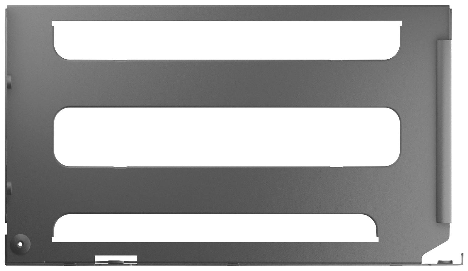 Metallplatte mit rechteckigen Ausschnitten, möglicherweise Teil eines technischen oder elektronischen Geräts zur Montage.