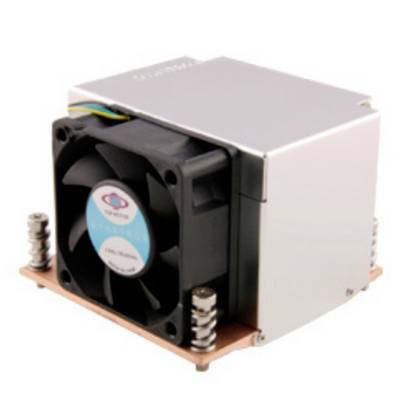 Ein Computer-Lüfter mit Metallkühlkörper, montiert auf einer Kupferplatte, dient zur Kühlung elektronischer Komponenten.