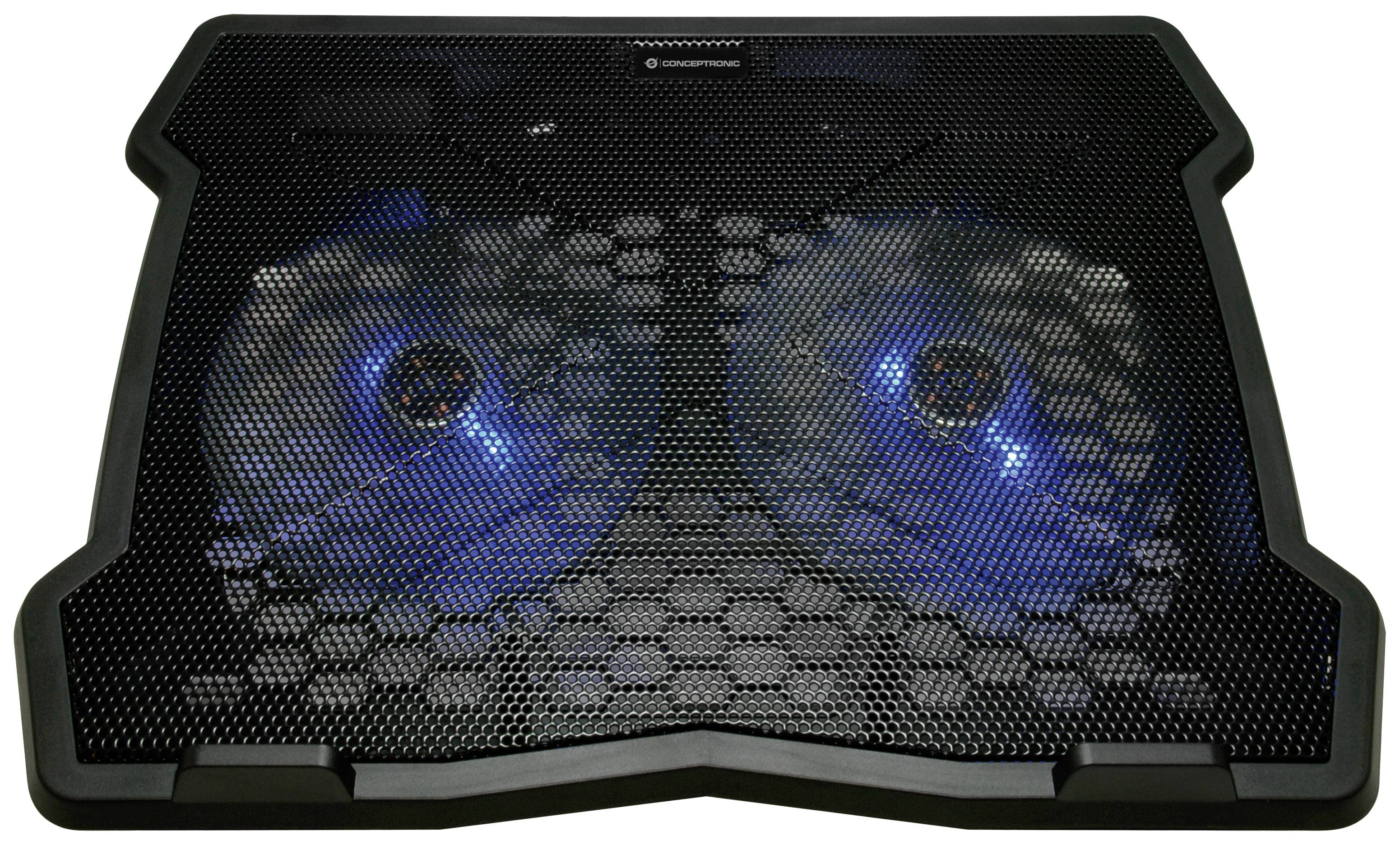 Externer Laptop-Kühler mit zwei großen, blau beleuchteten Ventilatoren für effektive Kühlung. Schwarzen, gitternetzartigen Rahmen.
