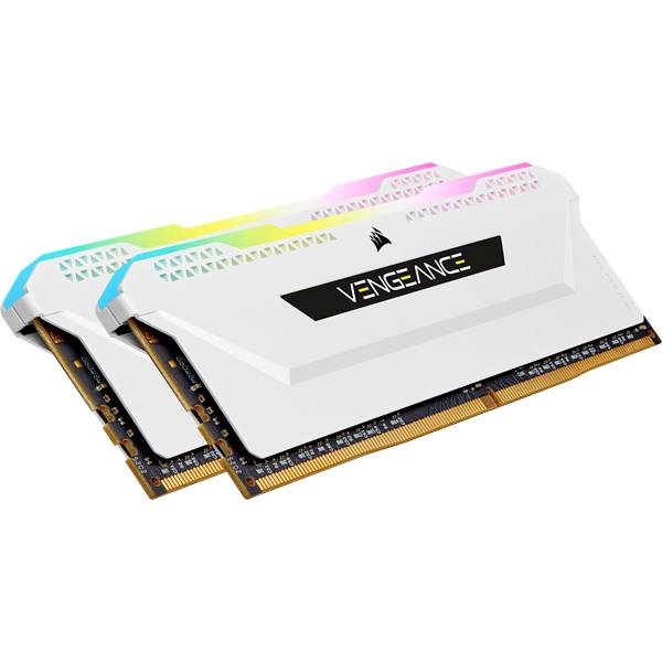 Zwei Corsair Vengeance RGB RAM-Module mit weißem Design und RGB-Beleuchtung, die nebeneinander liegen.