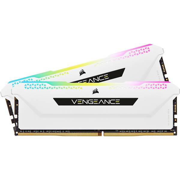 Zwei weiße RAM-Module mit RGB-Beleuchtung, beschriftet mit 'Vengeance'. Sie sind parallel nebeneinander platziert.