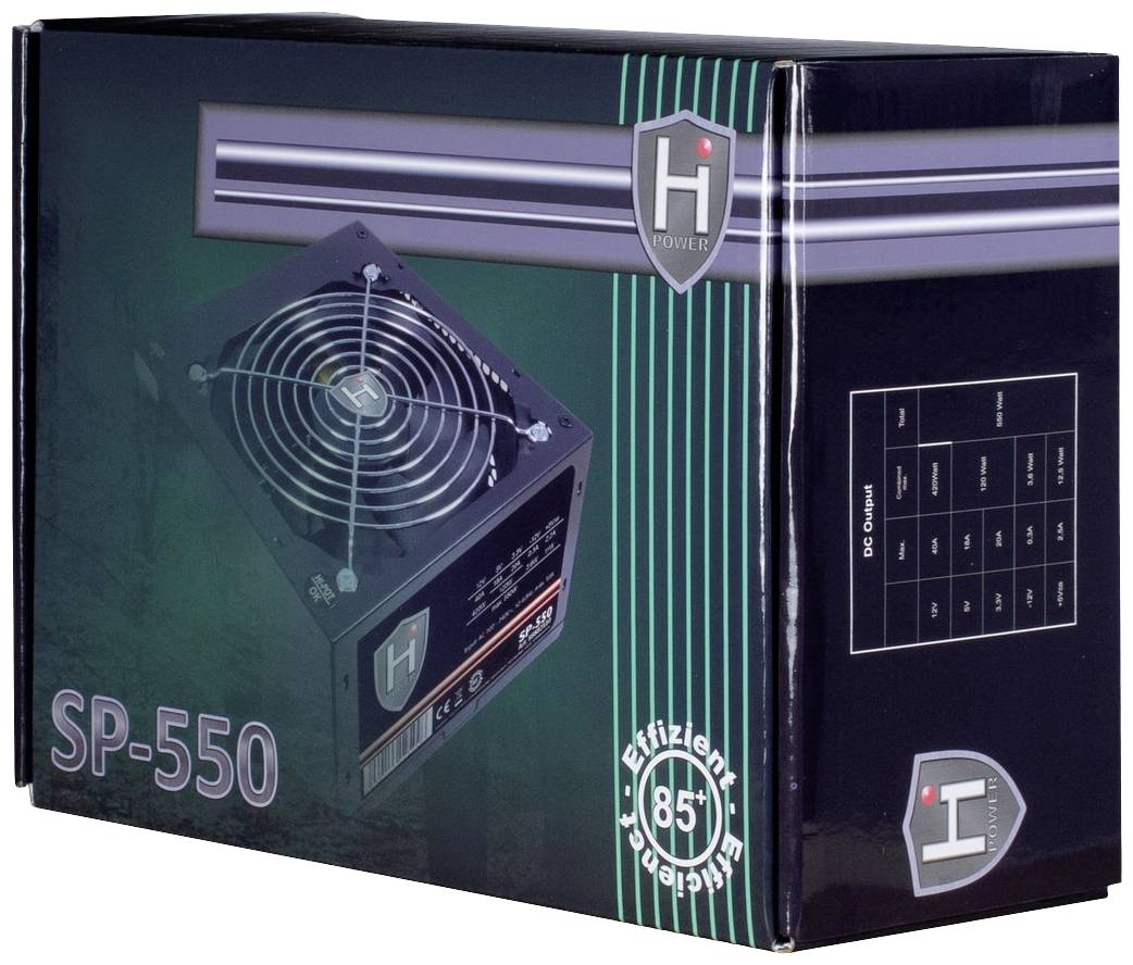 Eine schwarze Hi Power SP-550 Netzteilverpackung mit Abbildung des Netzteils, 85% Effizienz und technischen Spezifikationen an der Seite.