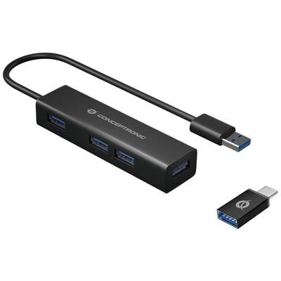 Schwarzer USB-Hub mit vier USB 3.0-Anschlüssen. Ein Adapter mit USB 3.0-Anschluss daneben. Beide mit Conceptronic-Logo.
