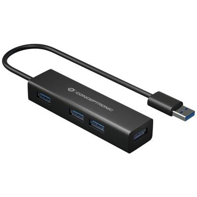 Schwarzer USB-Hub mit vier USB-Anschlüssen und einem kurzen Kabel, ideal zum Erweitern der USB-Konnektivität an Computern oder Laptops.