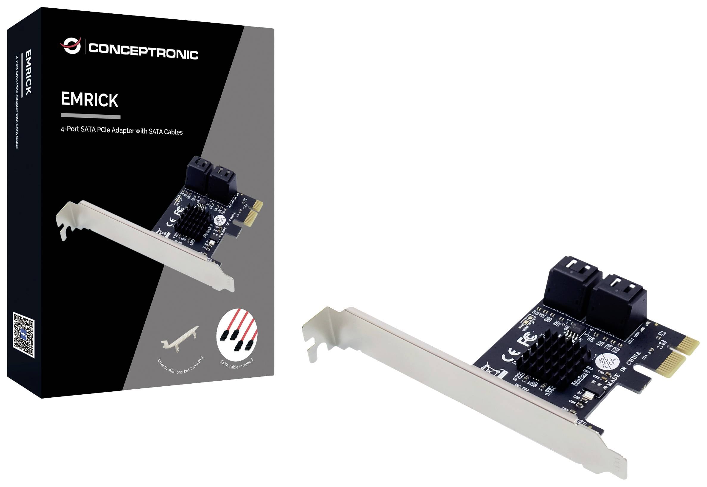 'CONCEPTRONIC EMRICK 4-Port SATA PCIe Adapter mit SATA Kabeln' zeigt eine Computererweiterungskarte mit zwei SATA-Anschlüssen. Verpackung neben der Karte.