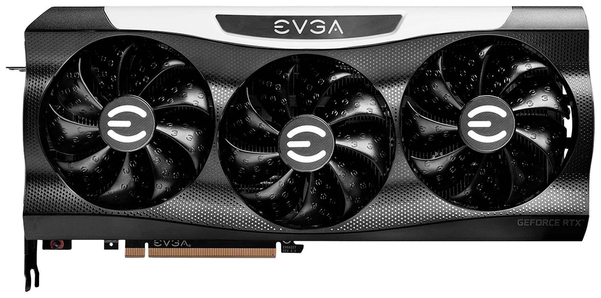 Eine Grafikkarte mit drei schwarzen Lüftern und einem schwarzen Gehäuse, auf dem 'EVGA' steht.