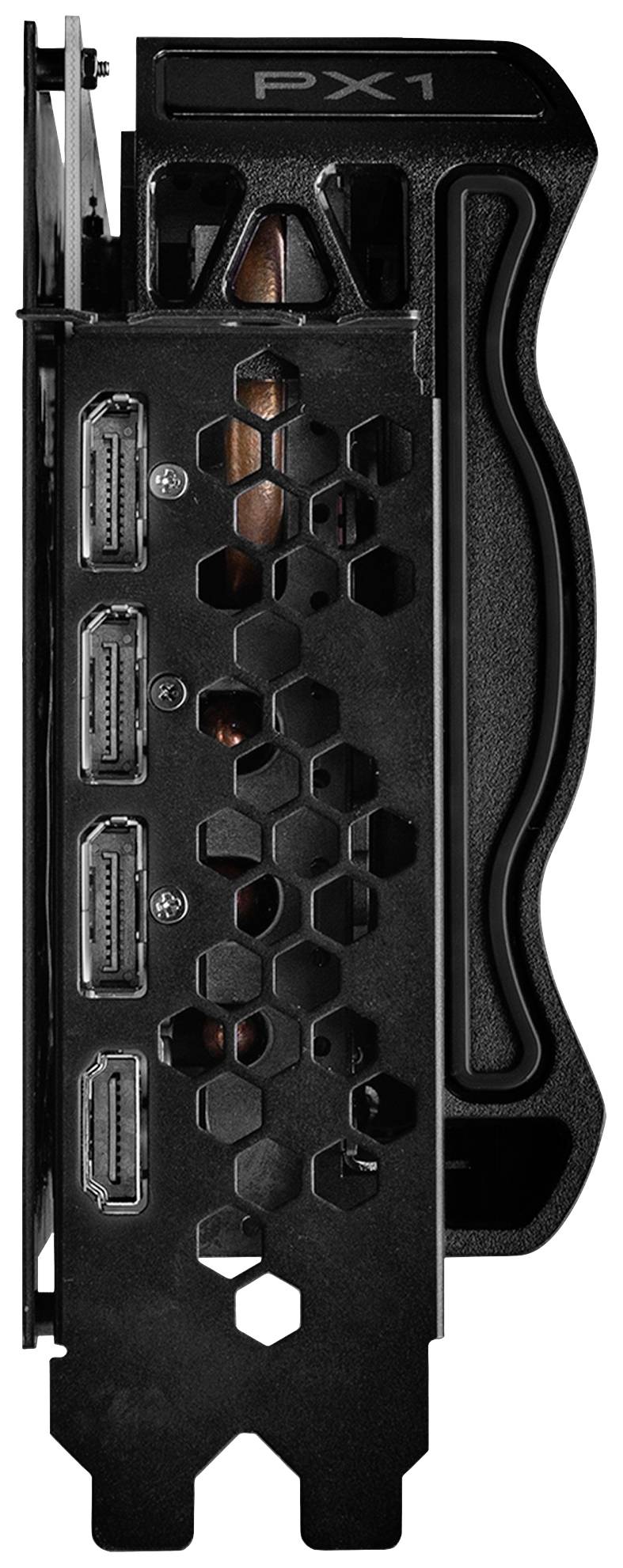 'Rückseite einer Grafikkarte mit vier Display-Ausgängen und hexagonalem Gittermuster, das die Belüftung ermöglicht.'