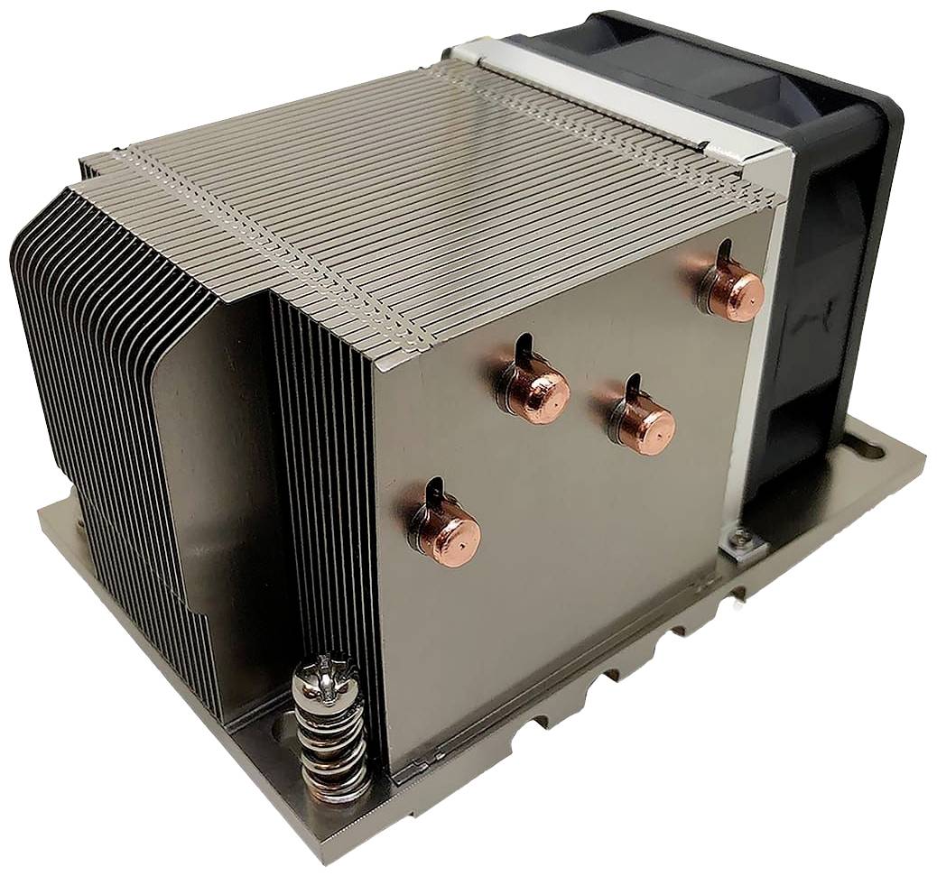 Ein großer CPU-Kühler mit Kühlrippen aus Metall und mehreren Kupfer-Wärmeröhren, montiert auf einer Metallbasis.