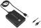 Externe Festplattengehäuse mit USB-Kabel. Schwarzes Gehäuse mit leuchtendem Symbol. Geeignet für Datenübertragung und Speicherung.