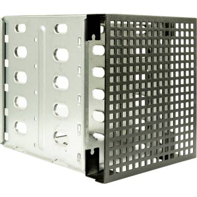 Ein belüfteter Metallrahmen für Montage von Festplatten in einem Computer. Er hat reguläre Aussparungen zur besseren Belüftung.