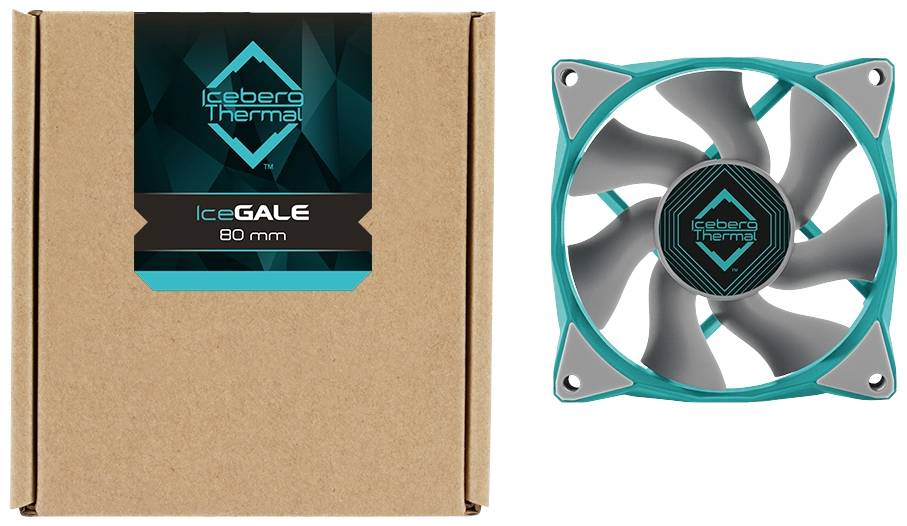 Kartonverpackung und Computerlüfter von 'Iceberg Thermal'. Der Lüfter ist grau mit türkisen Akzenten, Verpackung zeigt das Logo.