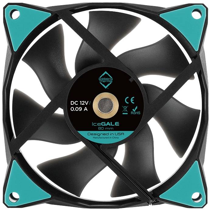 Ein schwarzer Computerlüfter mit blaugrünen Ecken; Text auf dem Lüfter zeigt 'DC 12V, 0.09A, IceGALE 60 mm'.