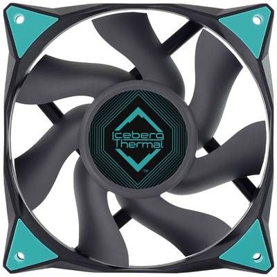 Ein schwarzer Ventilator mit quadratischem Rahmen und abgerundeten Ecken. Das Zentrum trägt das Logo 'Iceberg Thermal'.