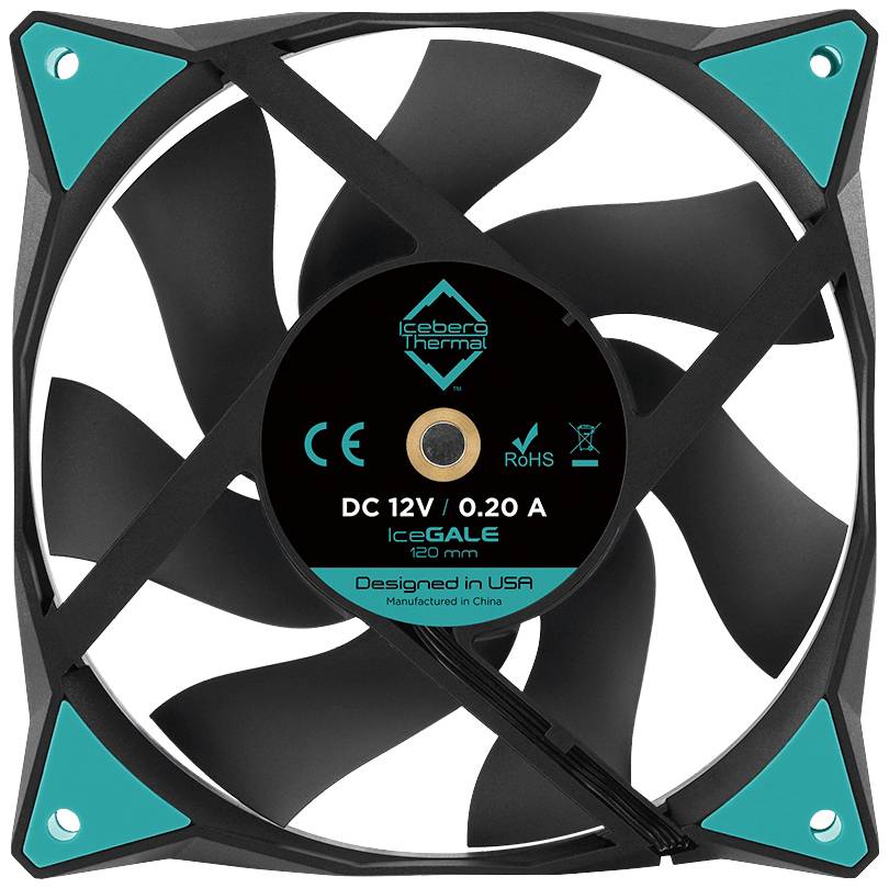 Ein schwarzer Computerlüfter mit türkisfarbenen Akzenten. Aufschrift in der Mitte: 'DC 12V / 0.20A IceGALE 120 mm'.