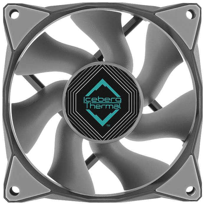 Ein grauer Computerkühler mit einem zentralen Logo 'Iceberg Thermal', zeigt fünf Rotorblätter in einem quadratischen Rahmen.