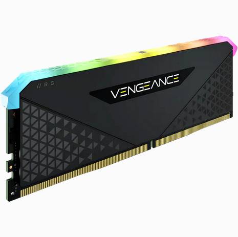 Ein RAM-Modul mit schwarzem Gehäuse und RGB-Beleuchtung ist abgebildet. Aufschrift 'Vengeance' sichtbar, mit goldenen Kontaktleisten.