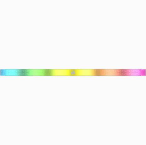 Ein schmaler Regenbogenbalken mit sanften Farbübergängen von Blau über Grün, Gelb und Orange bis hin zu Pink, auf weißem Hintergrund.
