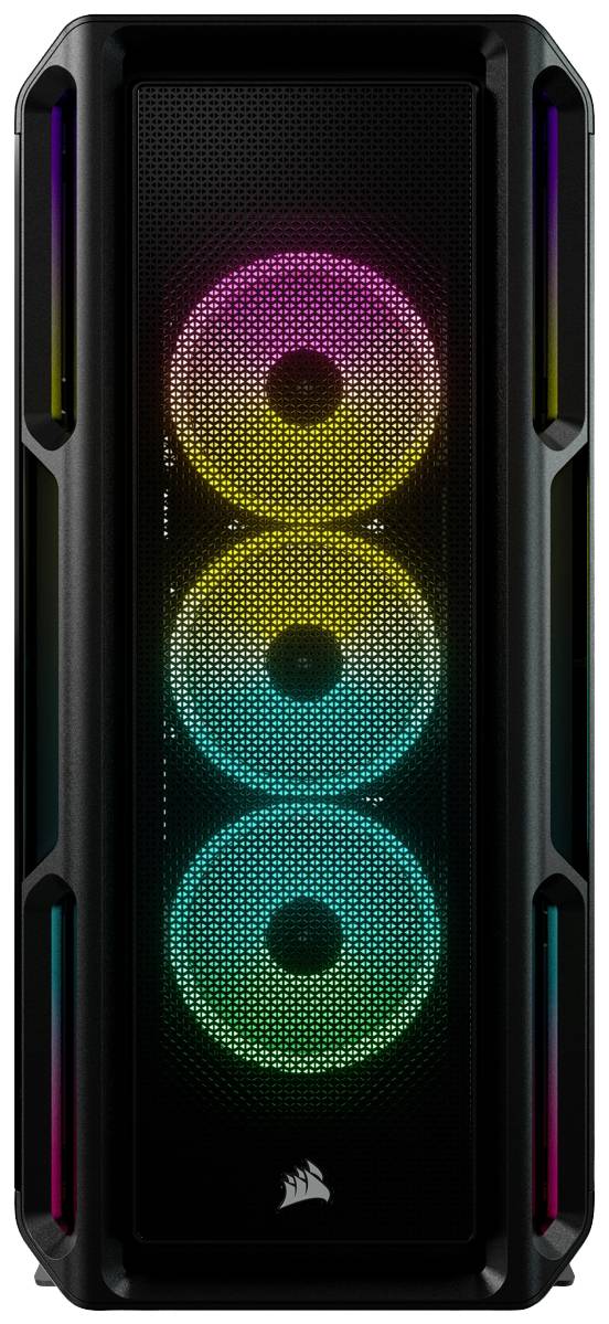 Ein schwarzes Computergehäuse mit drei sichtbaren, vertikal angeordneten Lüftern, die in verschiedenen Farben leuchten.