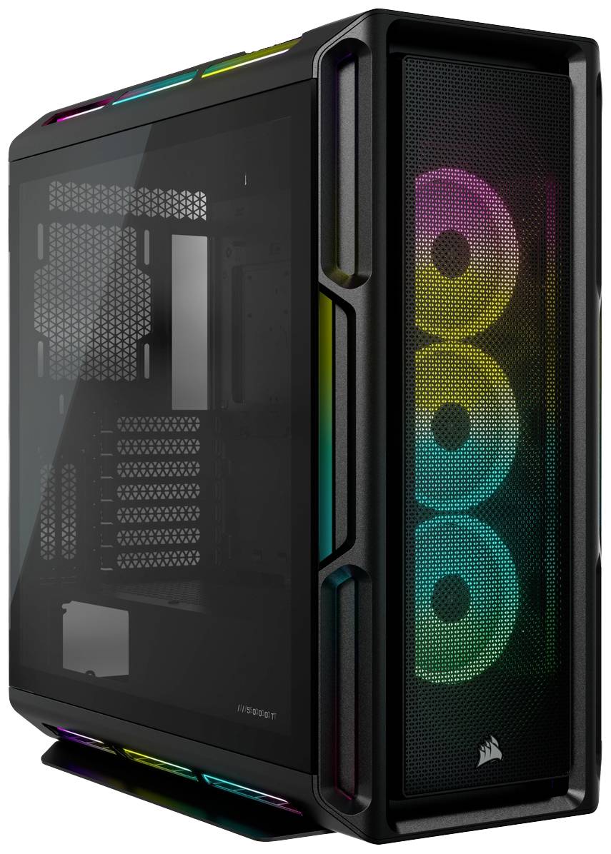 Ein schwarzes Computergehäuse mit transparentem Seitenteil zeigt bunte, leuchtende Lüfter vorne; geeignet für High-End PCs.