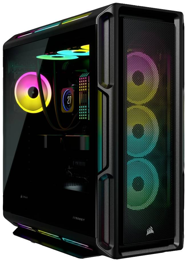Ein moderner Gaming-PC mit beleuchteten farbigen Lüftern und Seitenfenster, das Innere zeigt RGB-beleuchtete Komponenten.