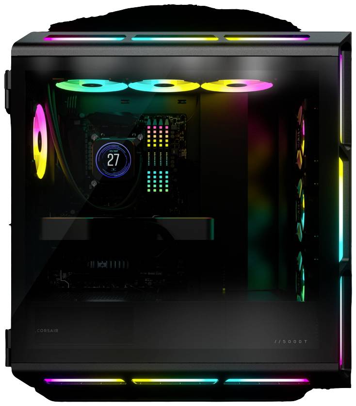 Ein Gaming-PC mit transparentem Gehäuse zeigt bunte LED-Lichter und eine Temperaturanzeige von 27 Grad auf dem Kühler.