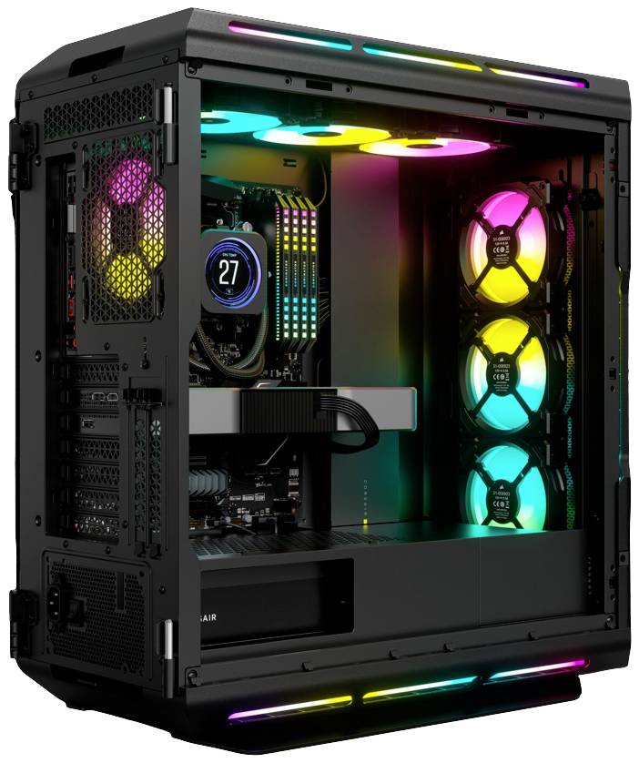 Ein offener PC-Tower mit leuchtenden RGB-Lüftern und sichtbarer Hardware, inklusive Mainboard und Kühlkomponenten.