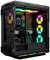 Ein offener PC-Tower mit leuchtenden RGB-Lüftern und sichtbarer Hardware, inklusive Mainboard und Kühlkomponenten.