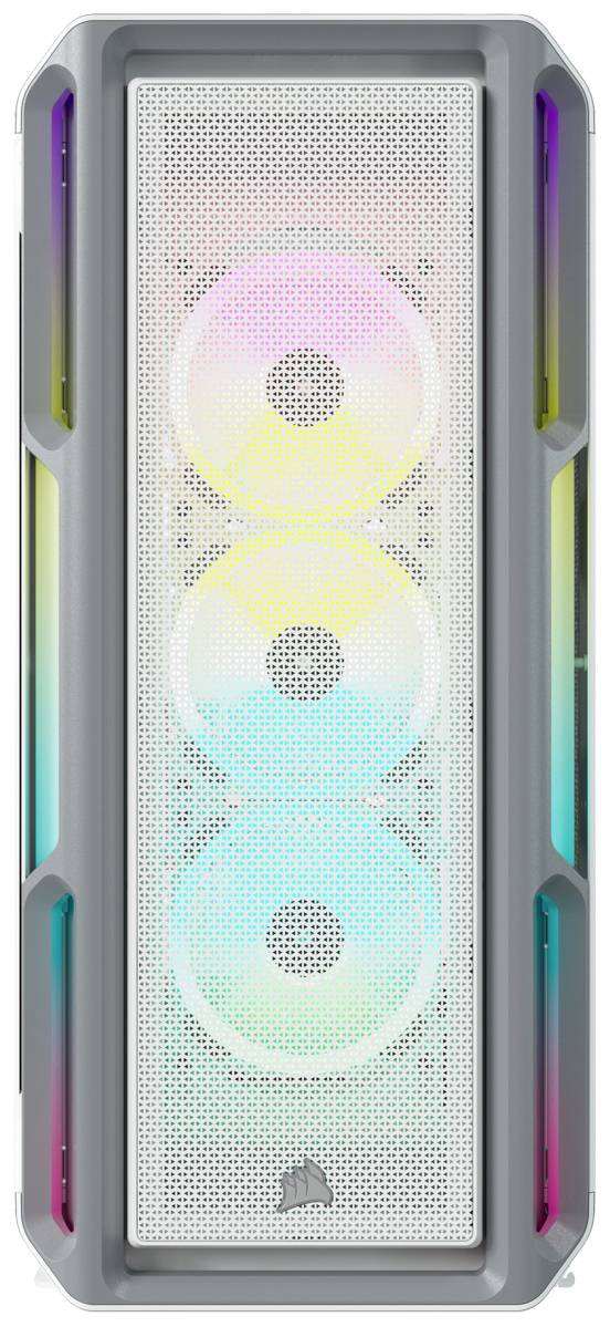 Ein PC-Gehäuse mit drei sichtbaren, beleuchteten Lüftern in verschiedenen Farben, umgeben von einem grauen Rahmen.