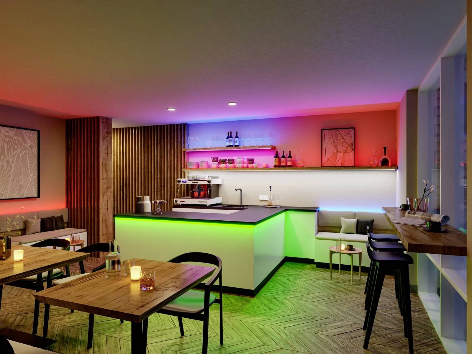 Ein moderner Raum mit einer beleuchteten Bar in bunten Farben. Holztisch und Stühle stehen im Vordergrund. Stimmungsvoll und einladend.