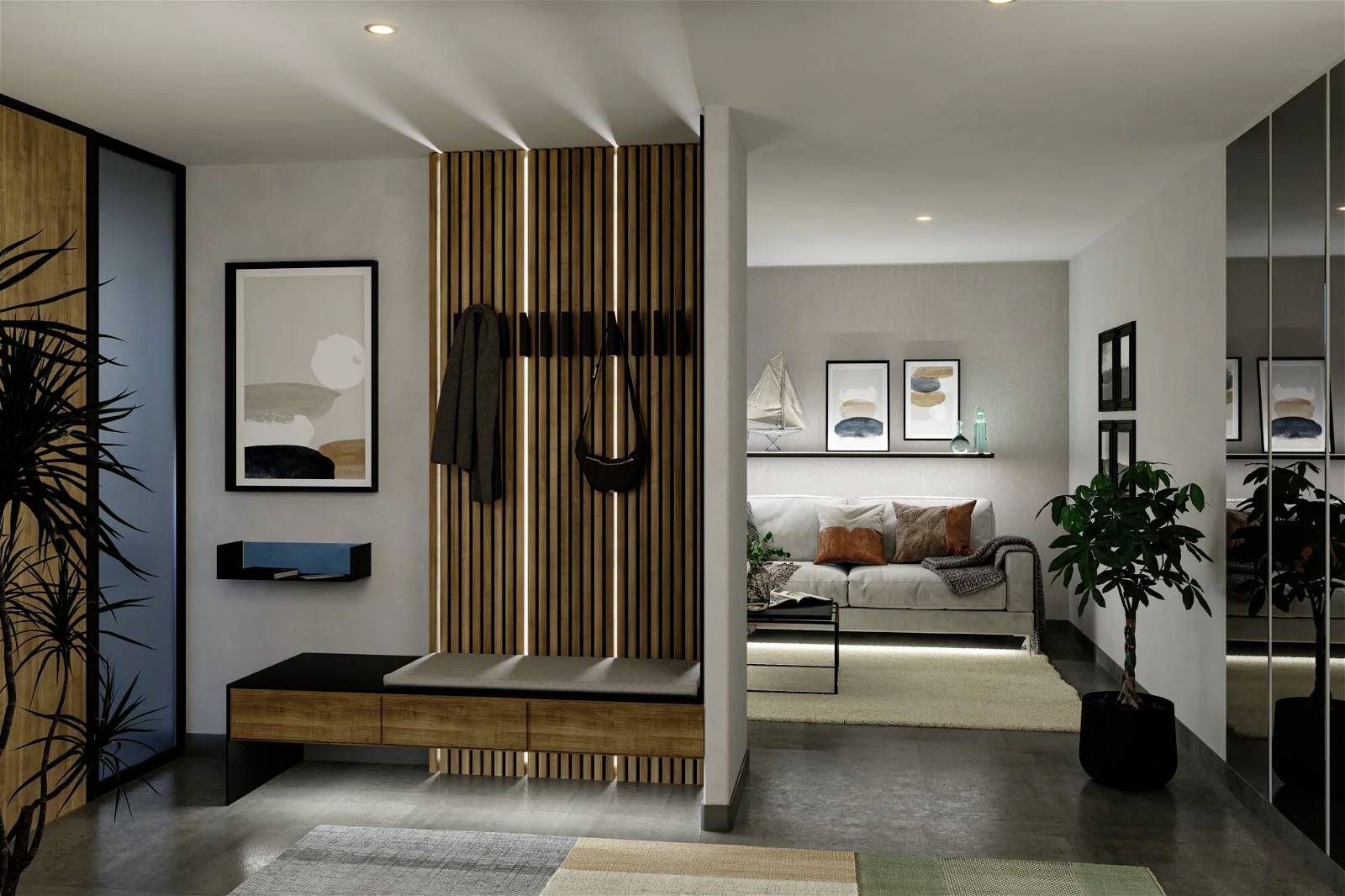 Moderner Eingangsbereich mit Holzwandpaneelen, Sitzbank und Dekoration. Dahinter ein Wohnzimmer mit Pflanzen und Gemälden an den Wänden.