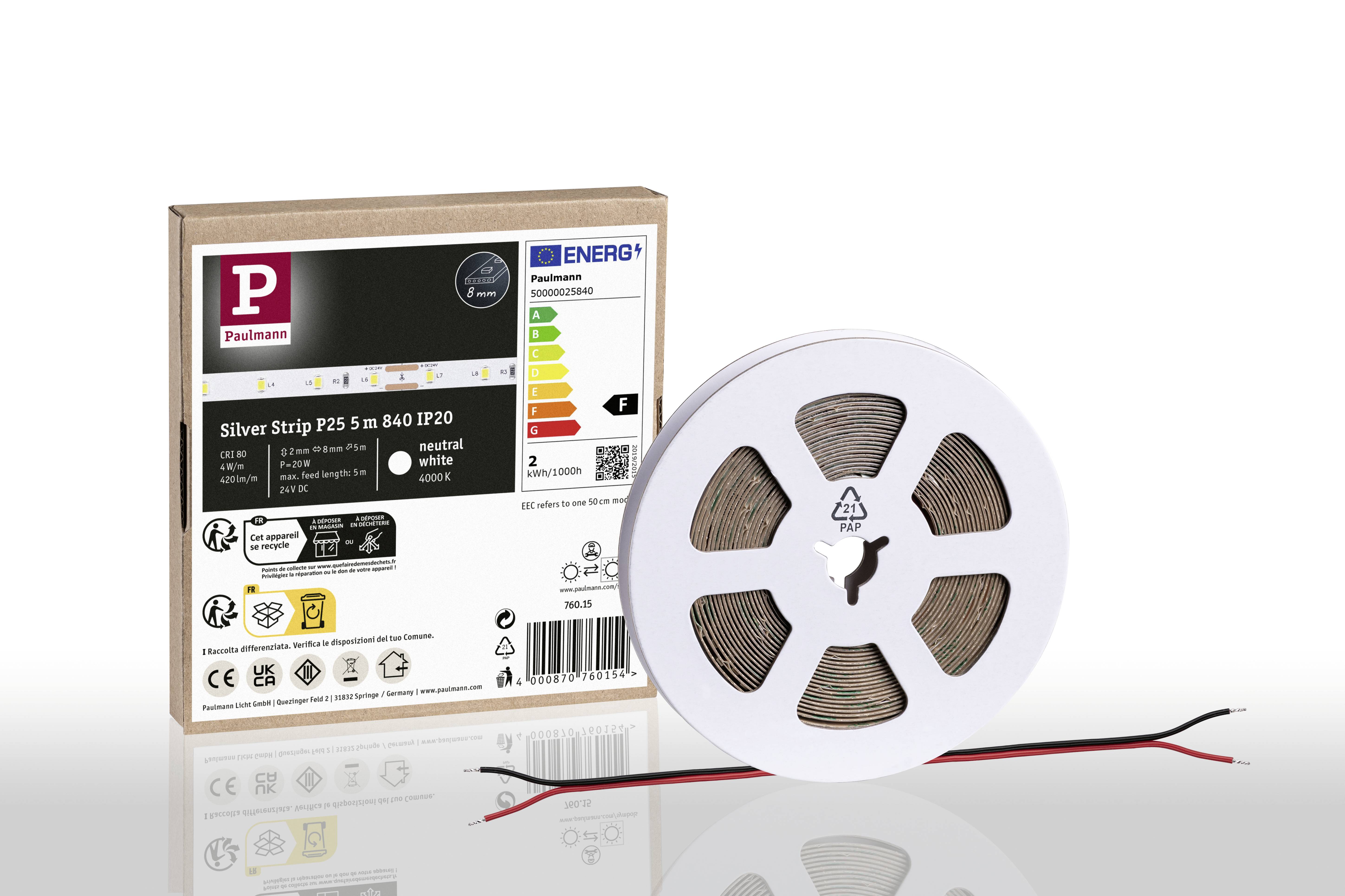 LED-Lichtband 'Silver Strip P25' auf Rolle, 5 Meter, neutralweißes Licht. Verpackung zeigt Effizienzklasse und technische Details.