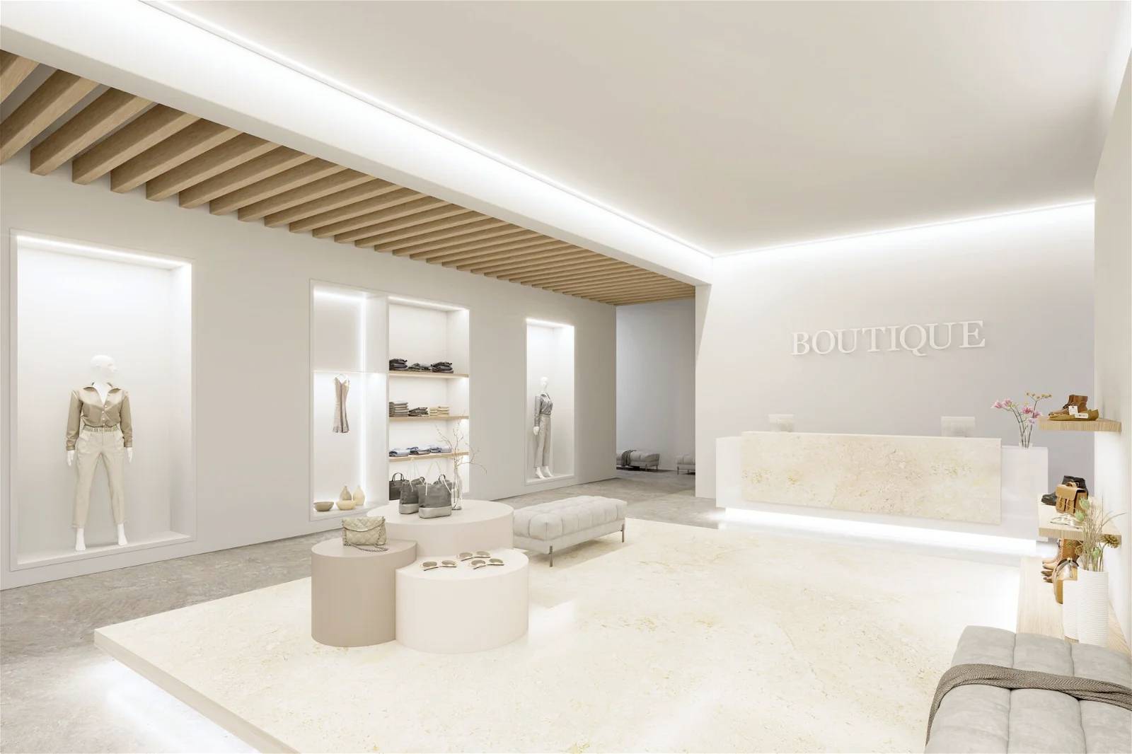 Ein eleganter, minimalistisch gestalteter Boutique-Laden mit einer Mischung aus Kleidungsstücken und Accessoires auf moderner Auslage.