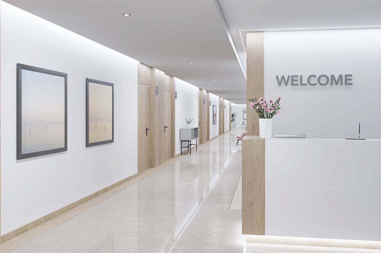 Moderner Empfangsbereich mit Holzverkleidungen und schlichtem Design. An der Wand hängt ein Schild mit der Aufschrift 'WELCOME'.