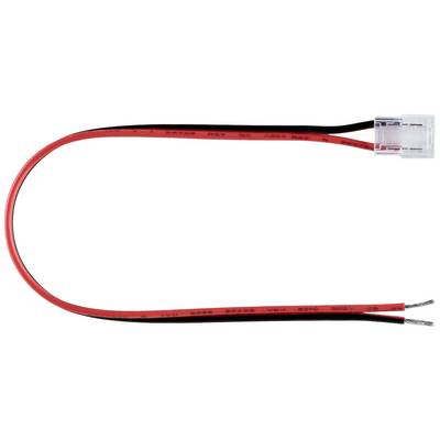 Zwei isolierte Kabel, eines rot, eines schwarz, angeschlossen an einen transparenten Kunststoffstecker mit offenen Enden auf der anderen Seite.