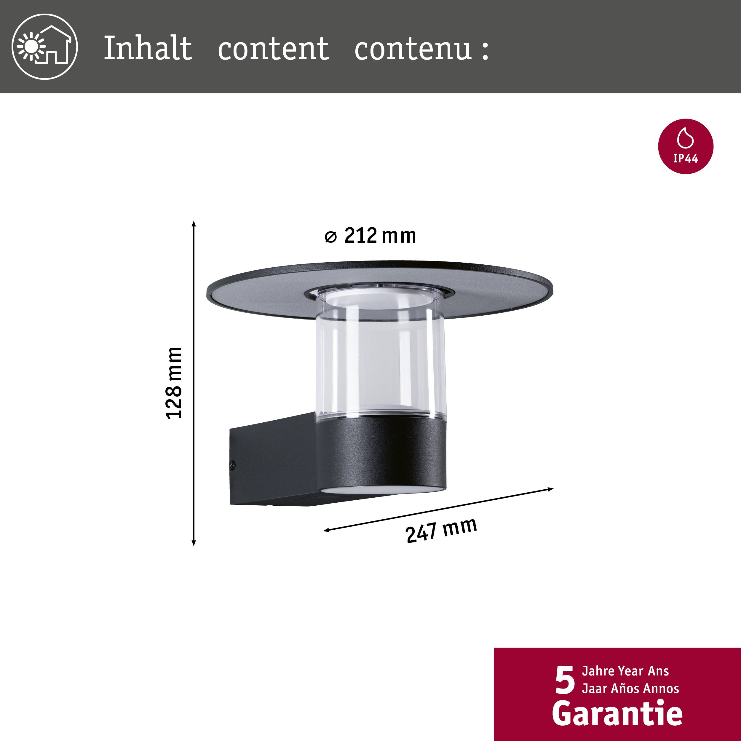 An der Wand montierte Außenleuchte. Maße: 212 mm Durchmesser, 128 mm Höhe, 247 mm Breite. 5 Jahre Garantie, Schutzart IP44.