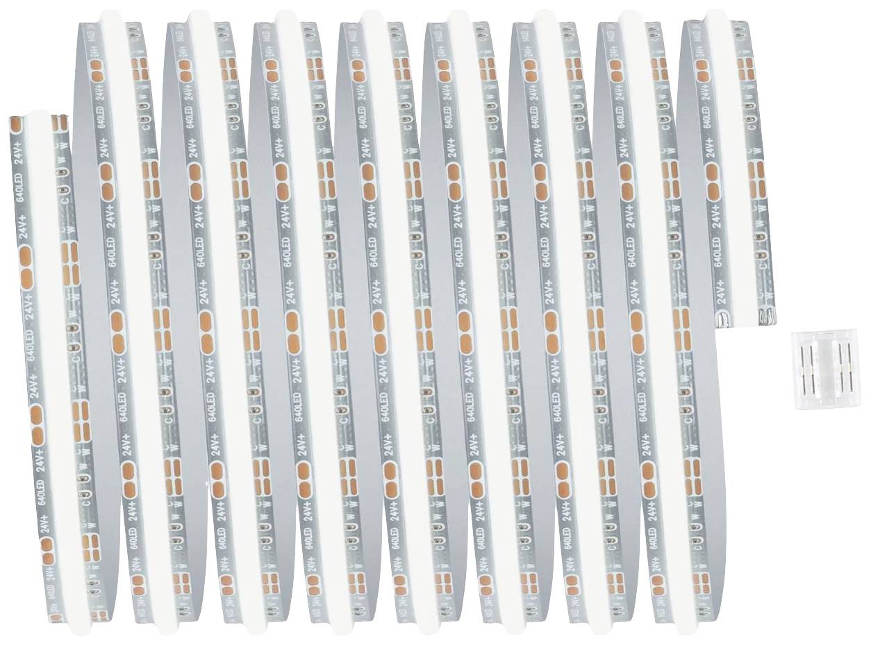 Eine aufgerollte LED-Lichtleiste mit mehreren Segmenten und Farbmarkierungen liegt neben einem kleinen, transparenten Zubehörteil.