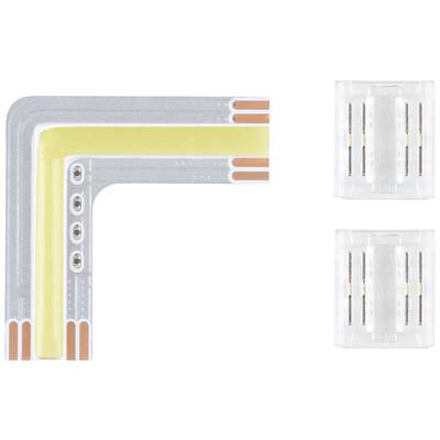 Ein L-förmiger LED-Strip-Verbinder mit einem grauen und gelben Pfad sowie zwei Verbindungsclips, die für flexible 90-Grad-Verbindungen verwendet werden können.