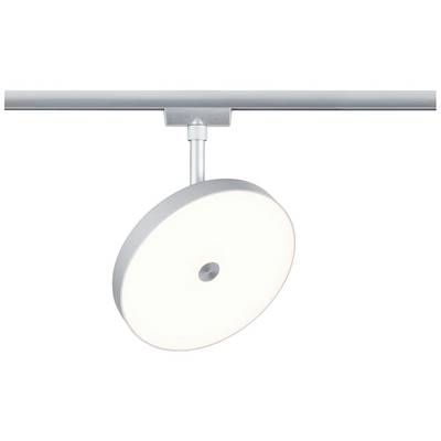 Eine weiße, runde LED-Deckenleuchte an einer silbernen Schiene montiert. Sie strahlt helles Licht aus. Ideal für moderne Innenräume.