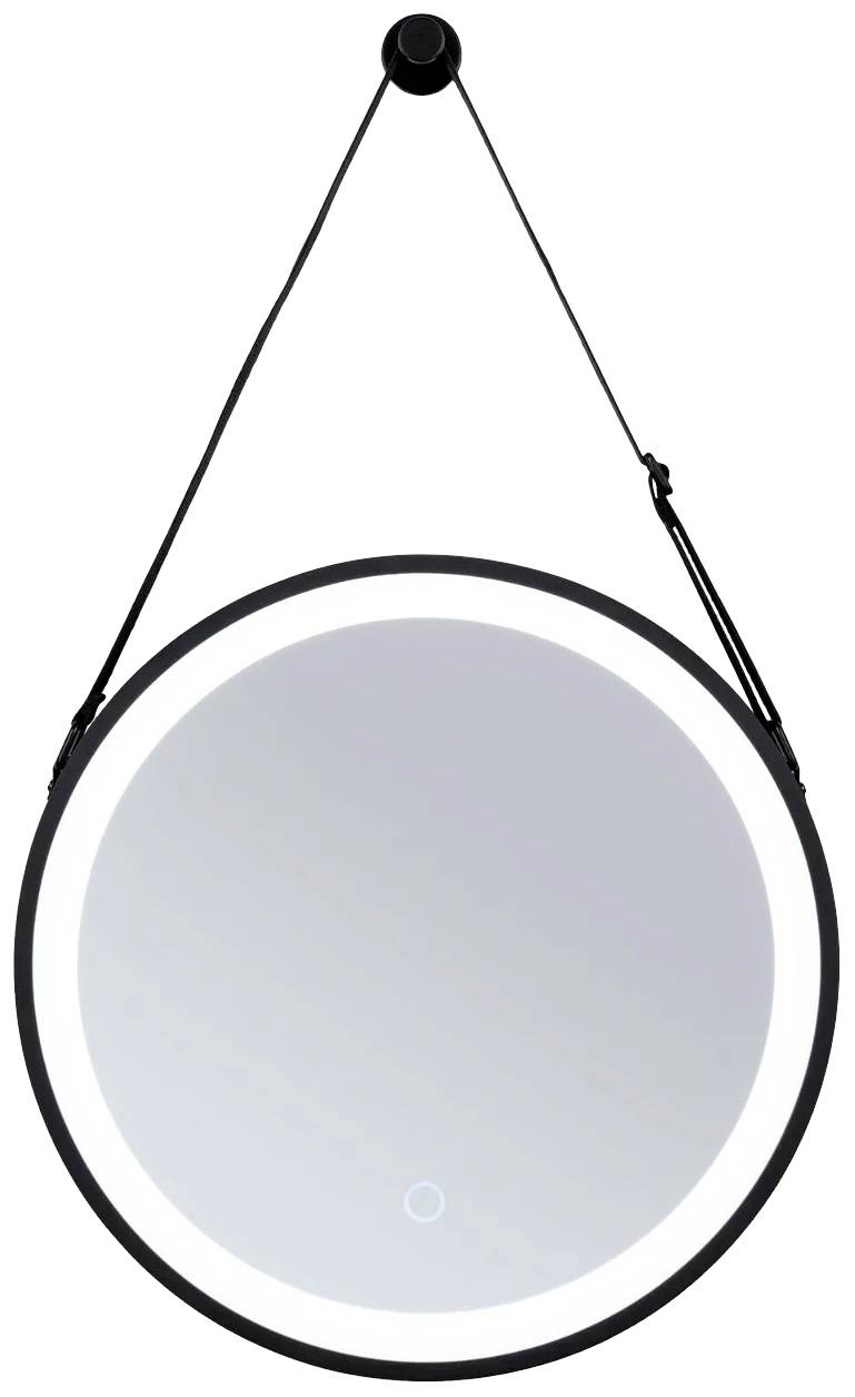 Runder Spiegel mit schwarzem Rahmen, an einer verstellbaren Schlaufe hängend; beleuchtet durch einen LED-Streifen am Rand.