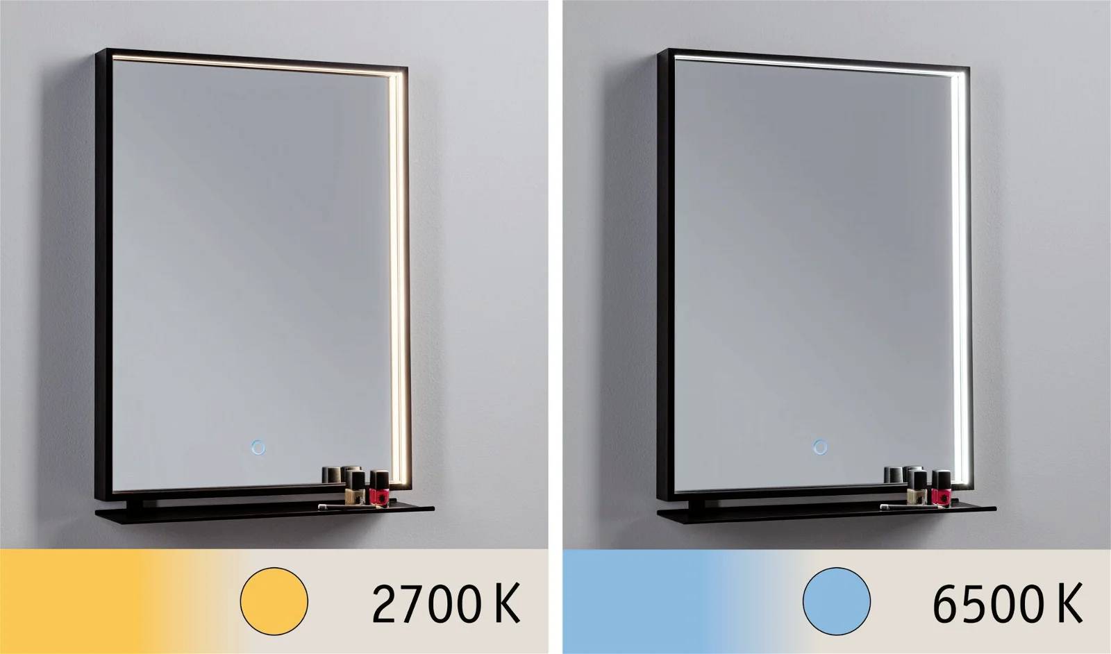 'Zwei Spiegel mit LED-Beleuchtung: Links warmweißes Licht (2700 K), rechts kaltweißes Licht (6500 K). Kleine Flaschen unten.'