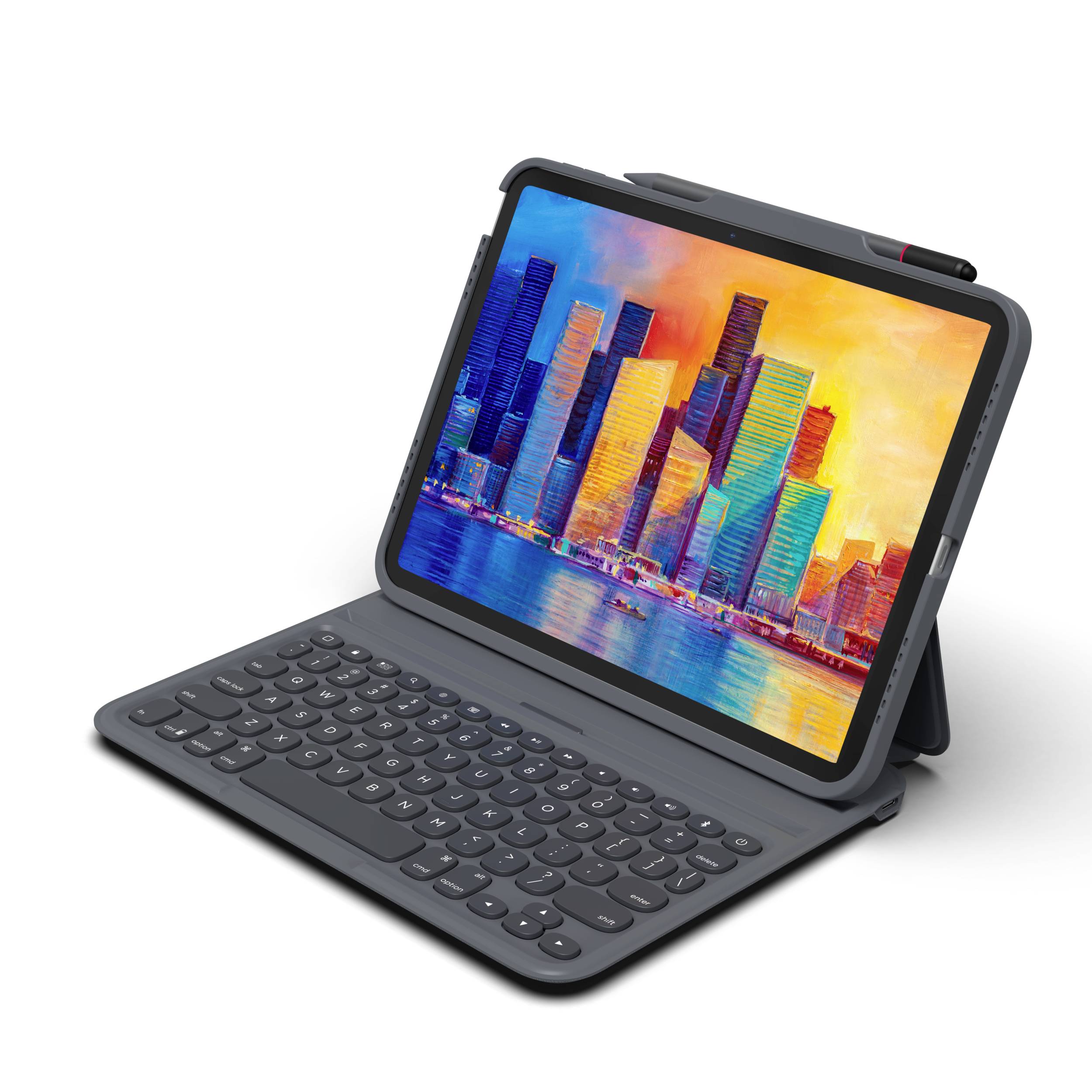 Ein Tablet mit Tastatur zeigt bunte, moderne Hochhäuser. Die Szene ist lebendig und farbenfroh, auf einem Holztisch platziert.