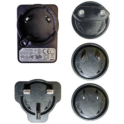 Verschiedene austauschbare Netzsteckeradapter für internationale Steckdosenstandards: europäisch, britisch, australisch und US-amerikanisch.