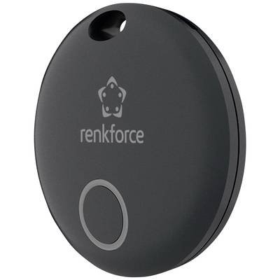 Schwarzer, ovaler Bluetooth-Tracker mit dem Logo 'renkforce', verwendet zur Standortverfolgung und zum Auffinden von Gegenständen.