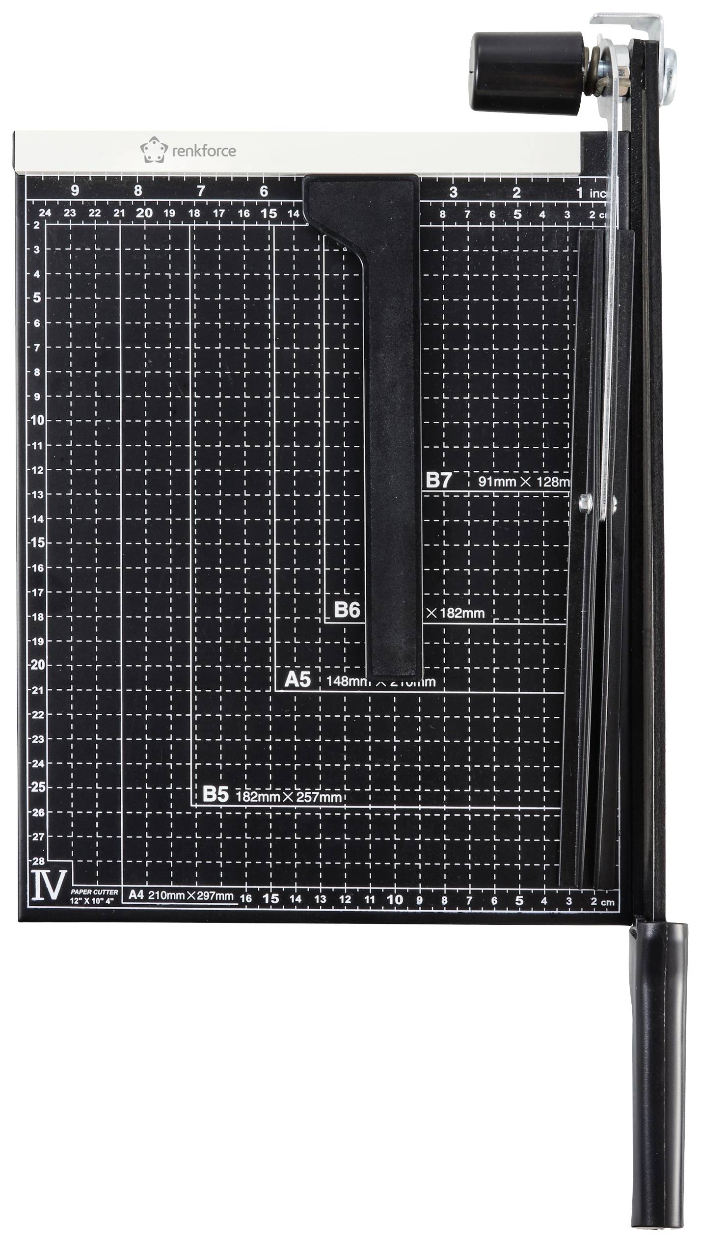 Papierschneidemaschine mit Lineal und Gitternetz, um Formate A5 bis B7 präzise zu schneiden. Schwarzes Design mit weißer Skala.